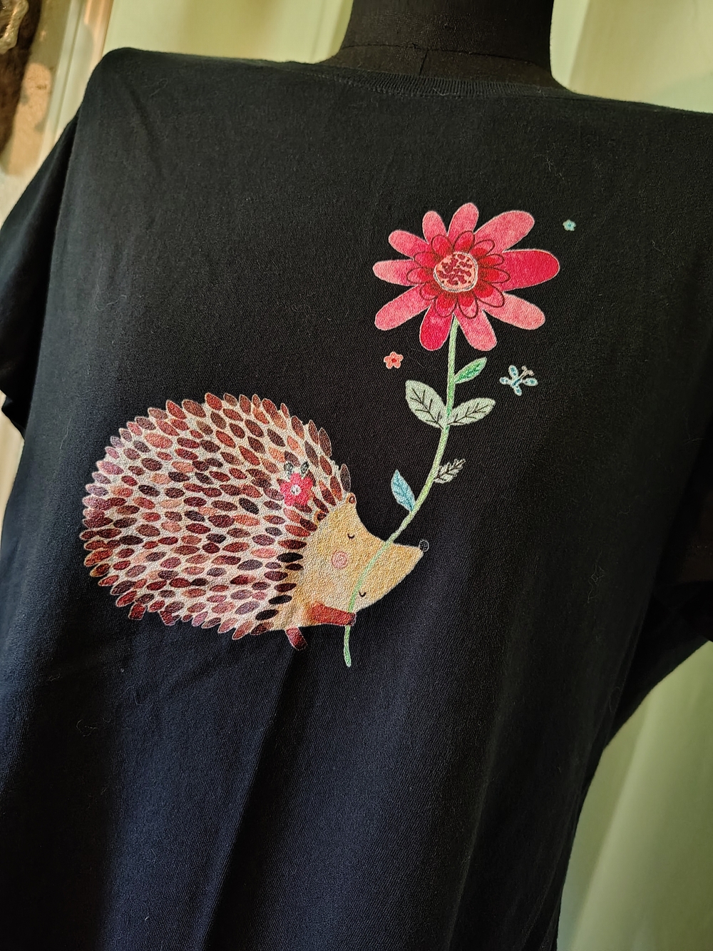 Mr Pricklepants Cute Vintage Hedgehog Pink Flower Art Black T-Shirt Unisex Large